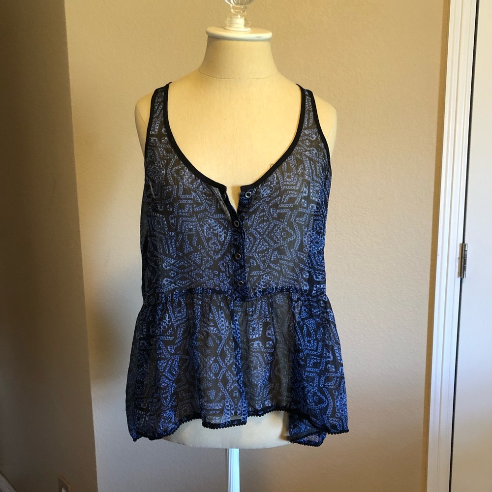 Ecoté See-Through Peplum High Low Tank with Keyhole Back Closure, Blue, Size S
